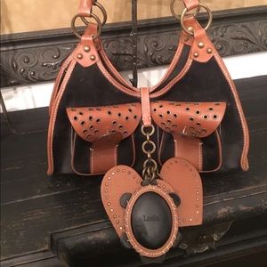 Luella Handbag, black suede and luggage leather